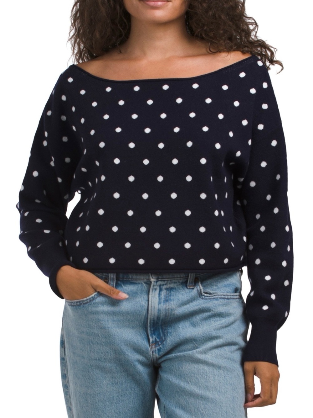 Distressed Dot long sleeve off the shoulder sweater